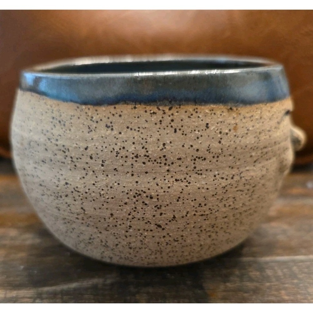 Whimsical Ceramic Face Shaving Mug Bowl Hand Thrown Signed Art Pottery Blue Rim - Picture 3 of 11